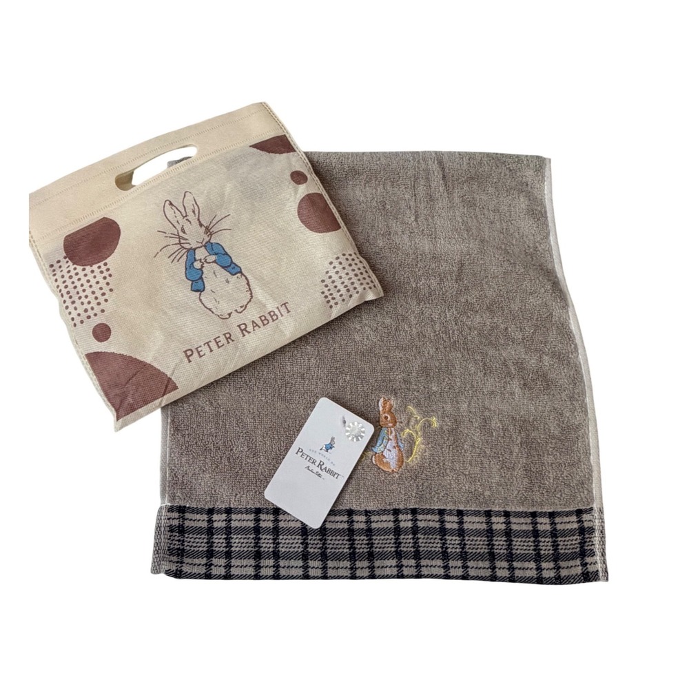 Peter Rabbit Embroidered Hand Towel Plaid Trim With Gift Bag OS